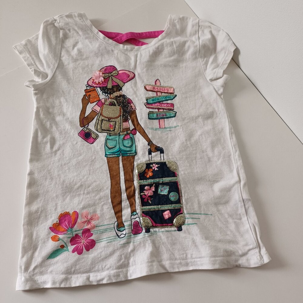 Isaac Mizrahi NY Sequin Travel Theme Strap Back Girl's T-Shirt Size M (7/8)
